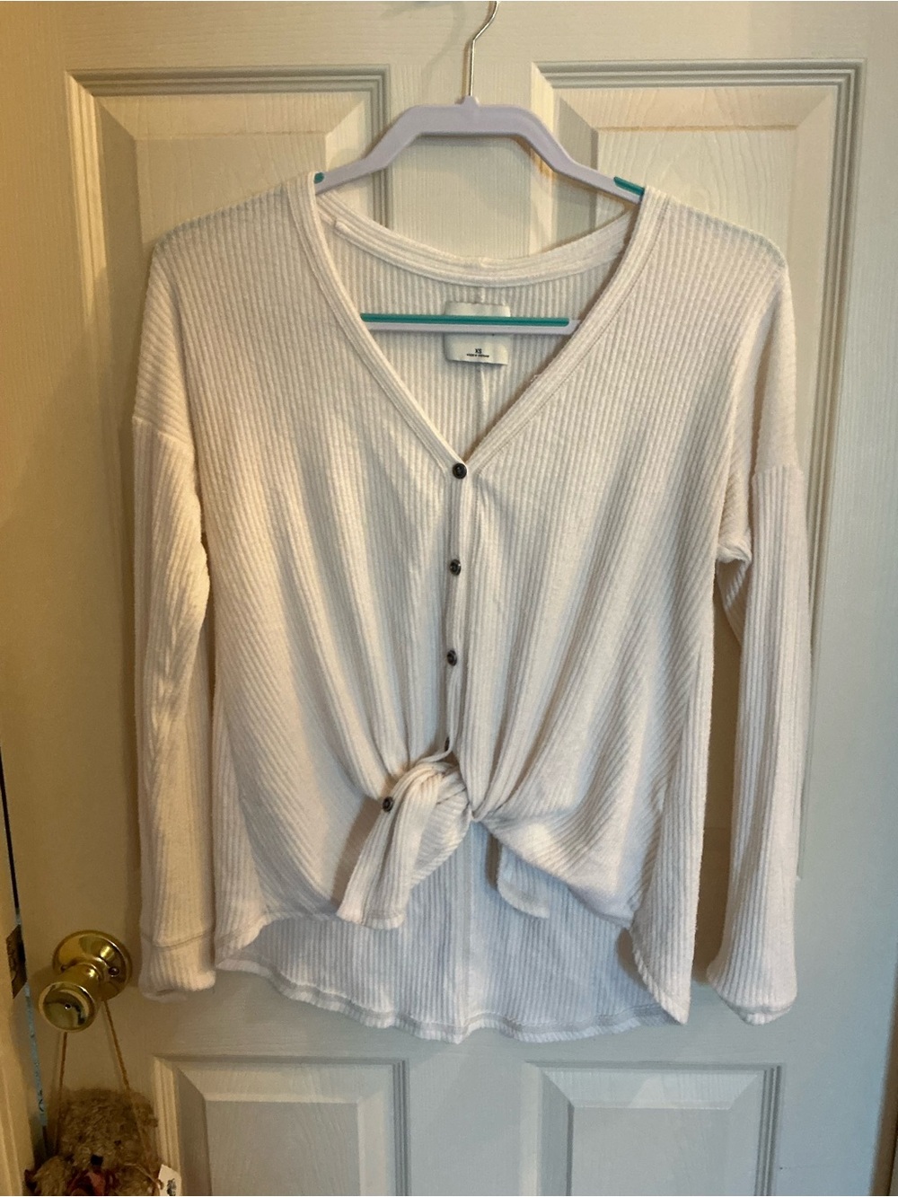Abercrombie & Fitch Cream Ribbed Button-Tie Long Sleeve Top